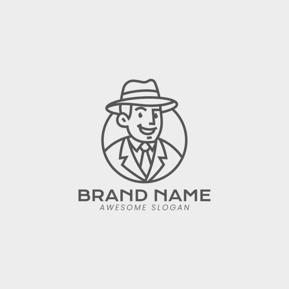 Mens in bedrijf pak vervelend hoed monoline logo ontwerp. minimalistische wijnoogst oud Mens logo vector illustratie.