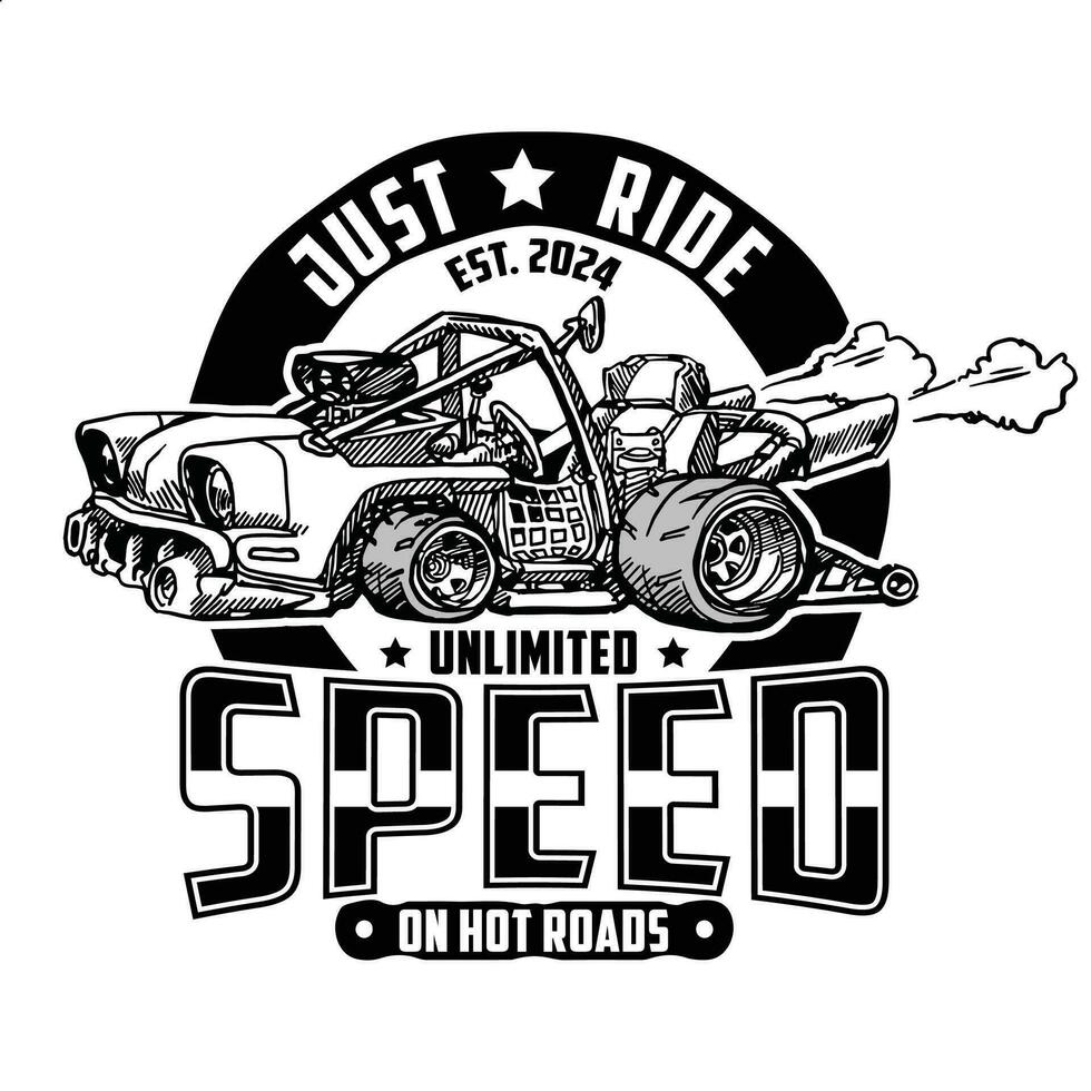 alleen maar rijden onbeperkt snelheid, sport- auto t-shirt ontwerp vector