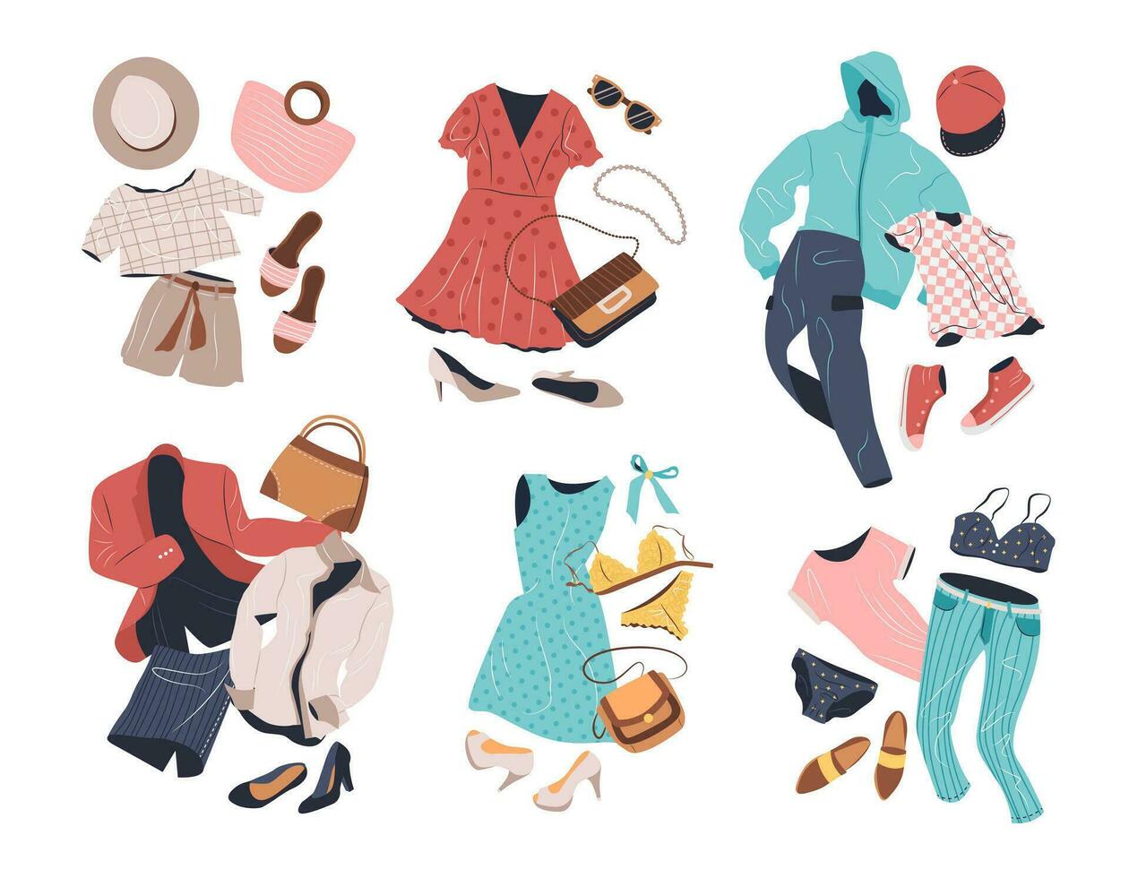 outfits reeks in gewoontjes stijl voor Dames. mode kleding, accessoires, schoenen voor voorjaar en zomer. geïsoleerd vlak vector illustraties Aan achtergrond