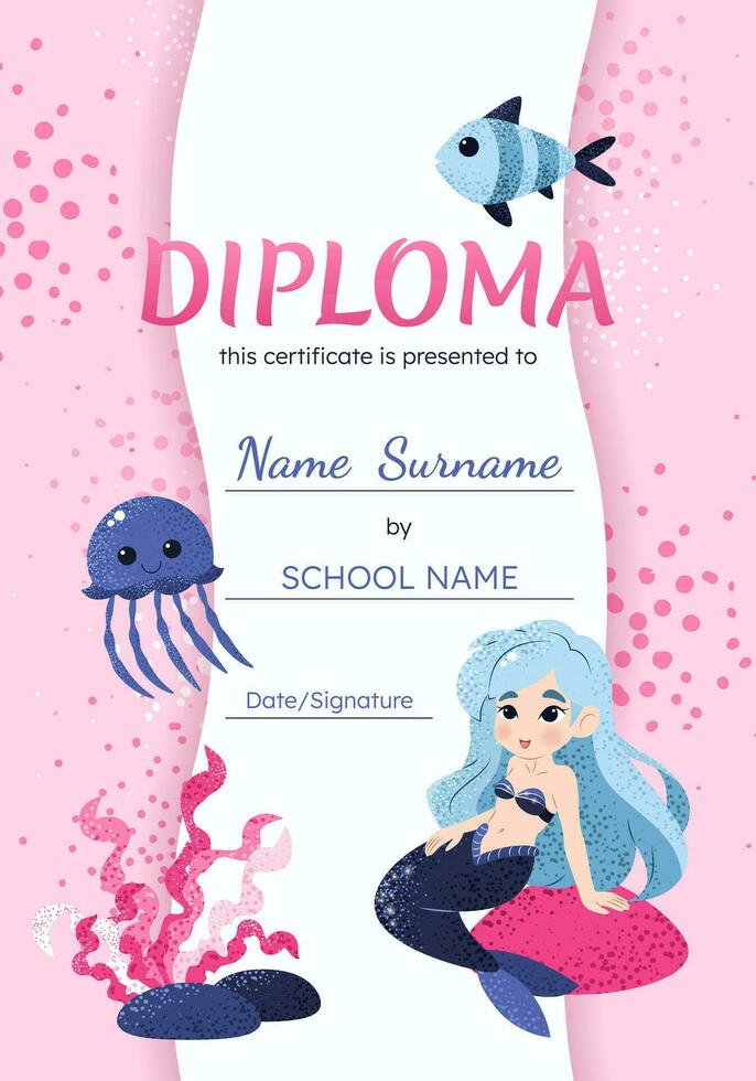 diploma certificaat verticaal sjabloon met schattig weinig meermin, vis, kwallen, zeewier. vector achtergrond voor school, peuter, kleuterschool. grappig onderwater- dieren in tekenfilm stijl.