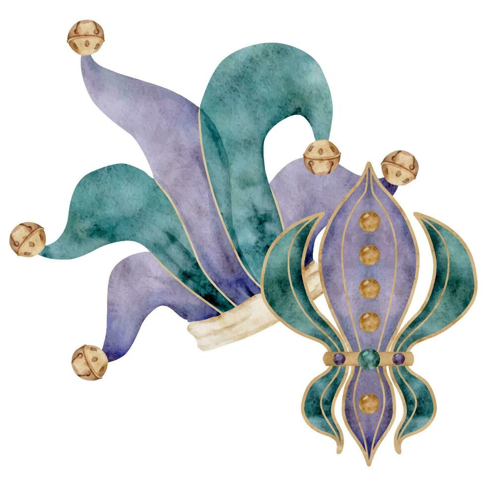 hand- getrokken waterverf mardi gras carnaval symbolen. nar dwaas hoed, rinkelen bellen, fleur de lis Frans lelie iris kralen. samenstelling geïsoleerd Aan wit achtergrond. ontwerp partij uitnodiging, afdrukken, winkel vector