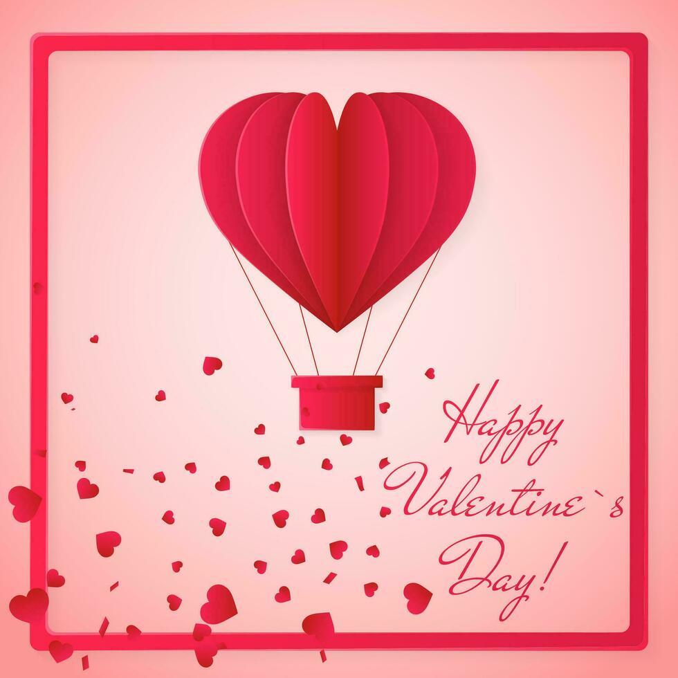 gelukkig valentijnsdag dag uitnodiging kaart sjabloon met origami papier heet lucht ballon in hart vorm geven aan. roze achtergrond. vector illustratie