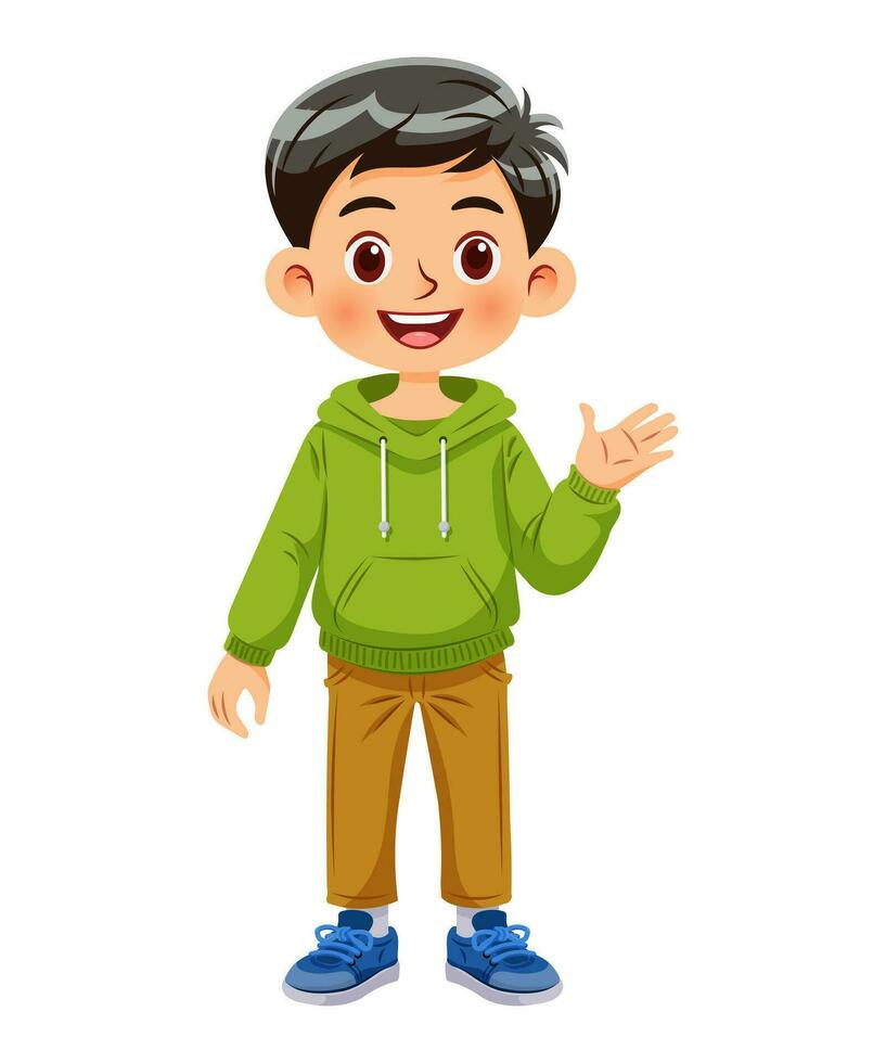 vector illustratie tekenfilm van een schattig jongen staand en glimlachen in kleurrijk en gewoontjes kleren