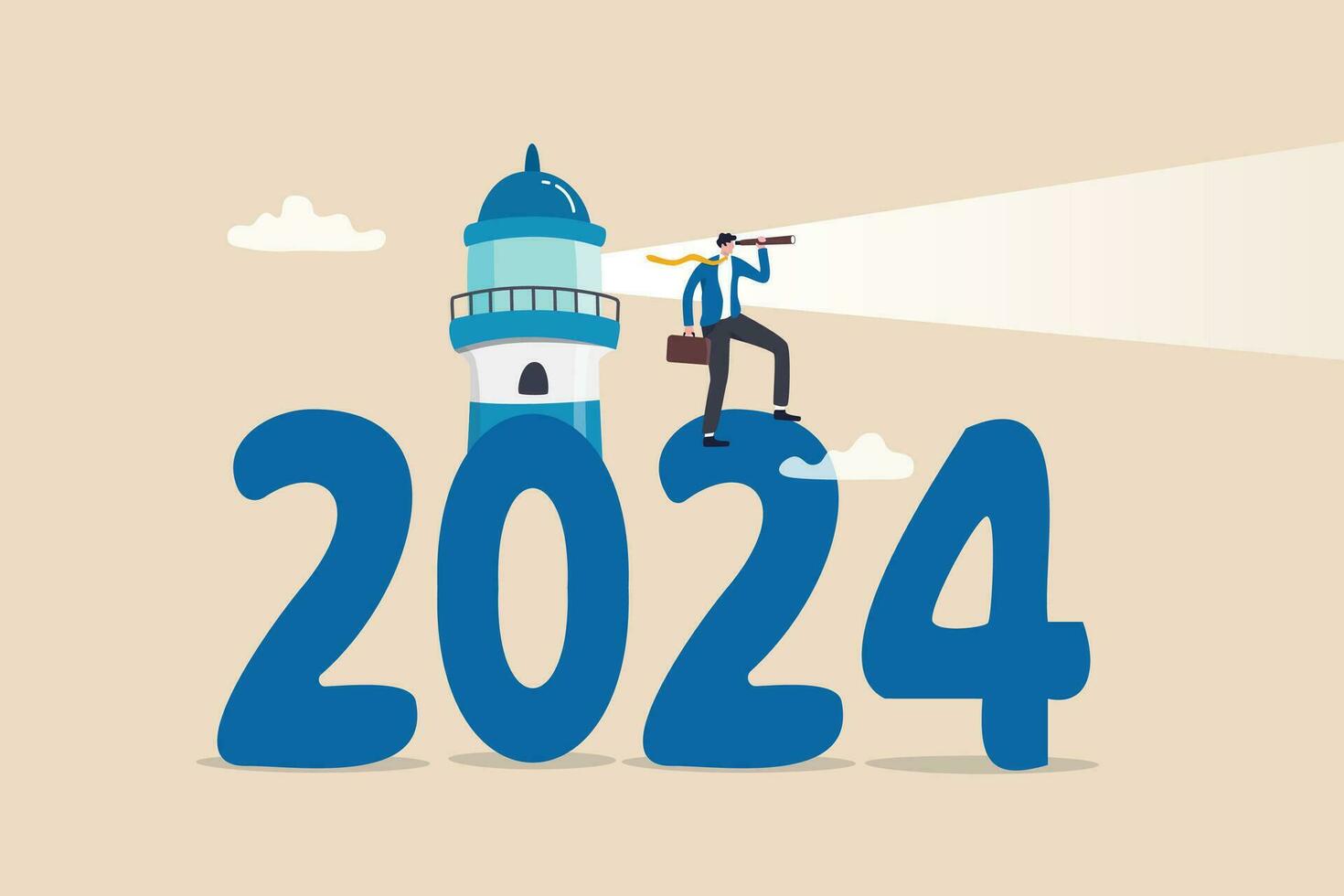 jaar 2024 bedrijf voorspelling, voorspelling of zoeken nieuw kans, succes besluit of analyseren economisch en investering concept, zakenman kijken door telescoop met 2024 vuurtoren begeleiden. vector