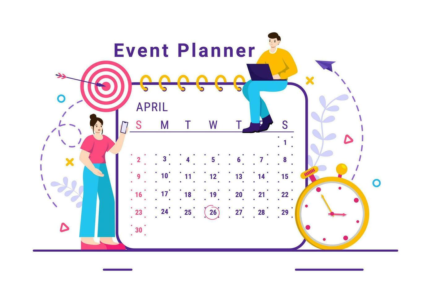 evenement ontwerper vector illustratie met planning schema, tijd beheer, bedrijf agenda en kalender concept in vlak tekenfilm achtergrond