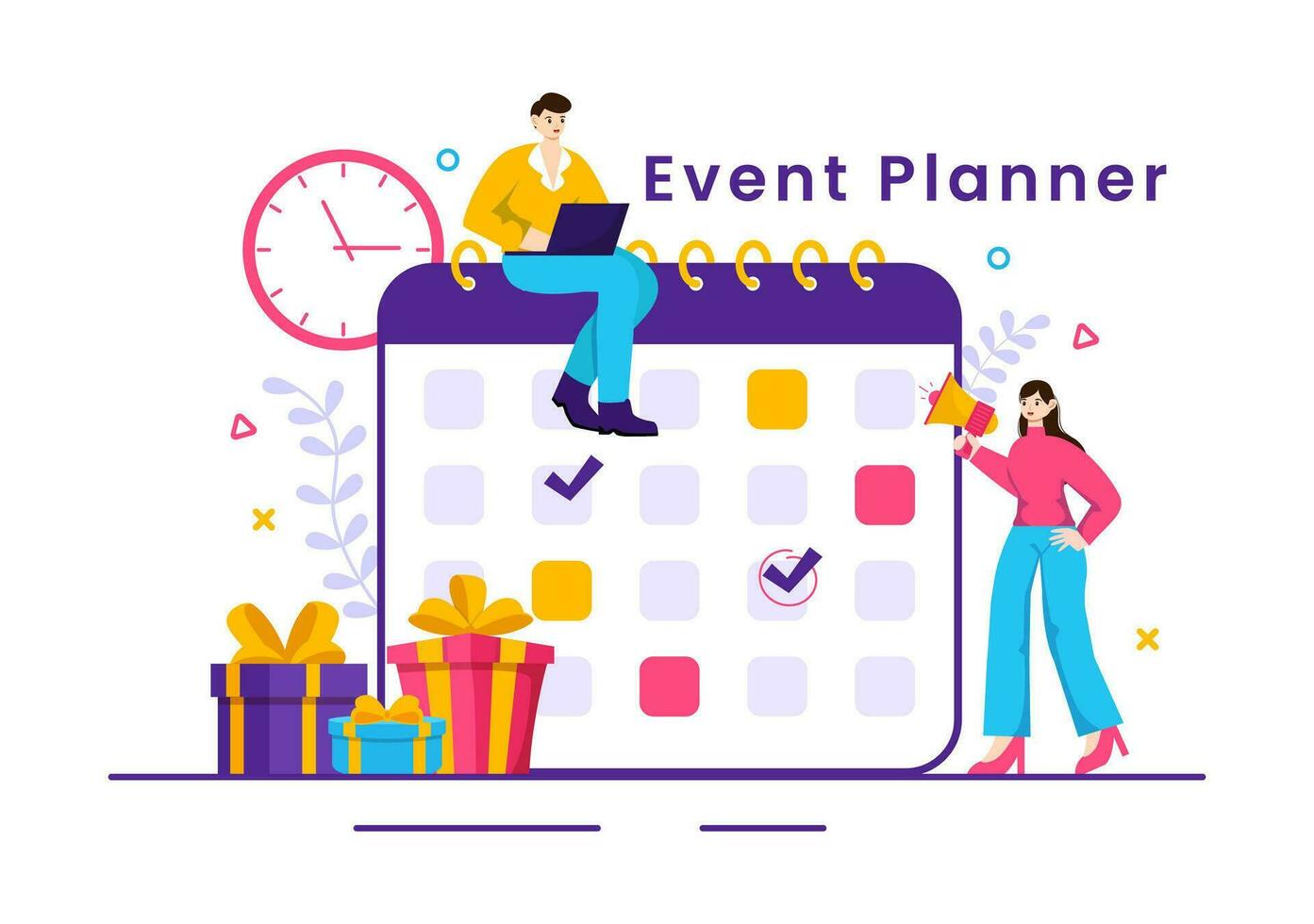 evenement ontwerper vector illustratie met planning schema, tijd beheer, bedrijf agenda en kalender concept in vlak tekenfilm achtergrond