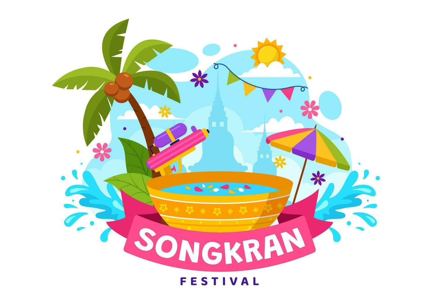 gelukkig songkran festival dag vector illustratie met kinderen spelen water geweer in Thailand viering in nationaal vakantie vlak tekenfilm achtergrond