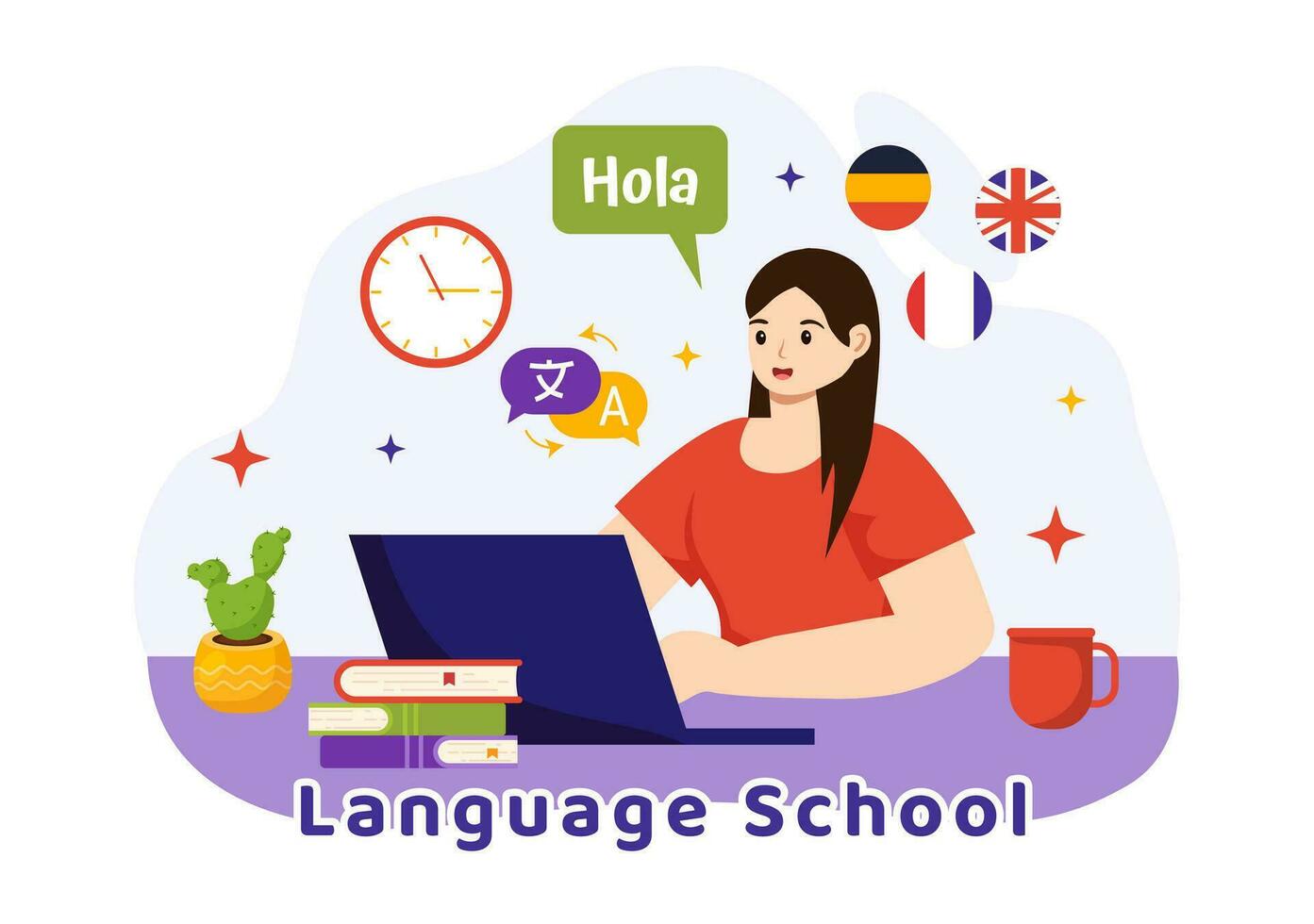 taal school- vector illustratie van online aan het leren, cursussen, opleiding programma en studie buitenlands hallo talen Buitenland in vlak achtergrond