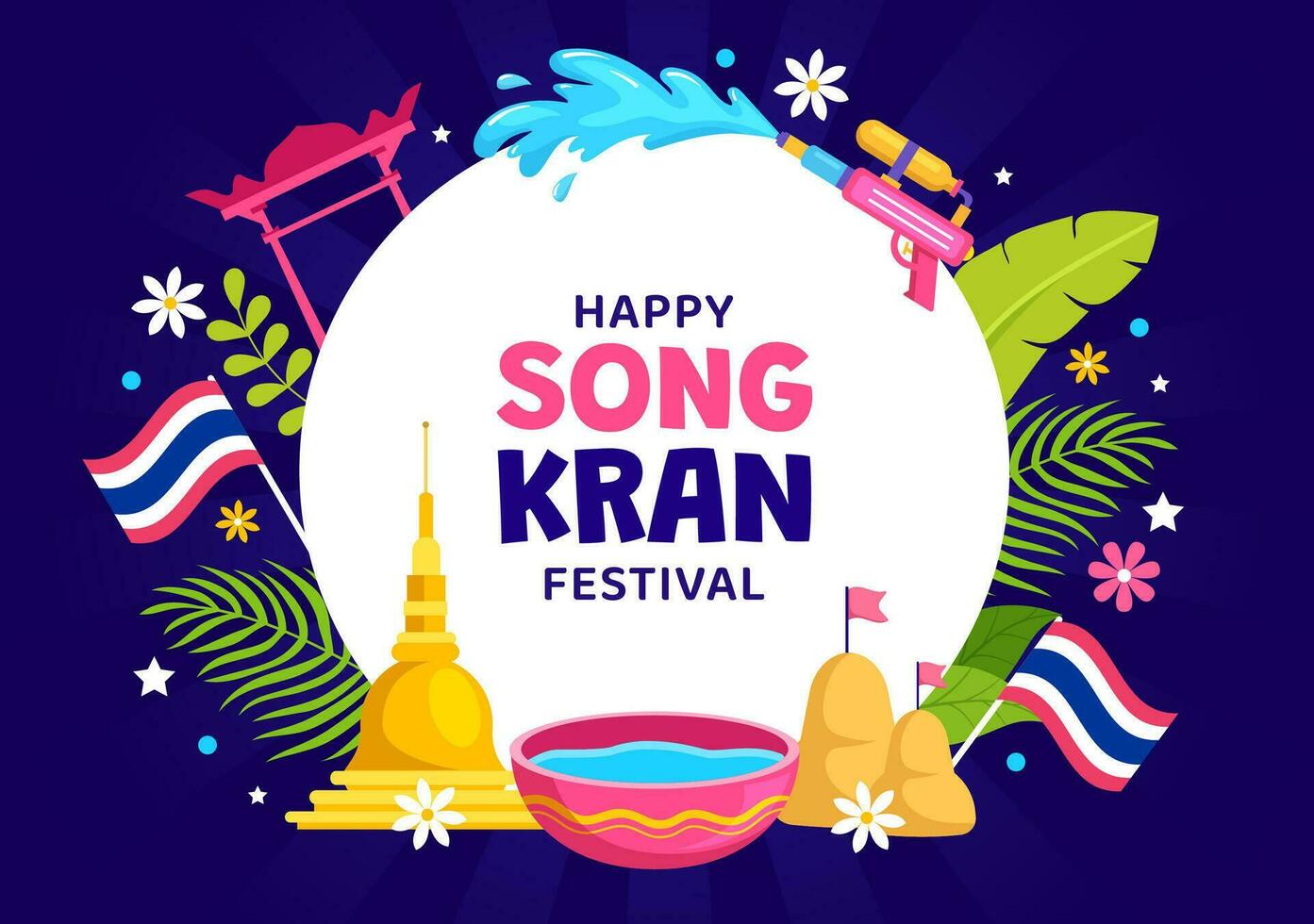 gelukkig songkran festival dag vector illustratie met kinderen spelen water geweer in Thailand viering in nationaal vakantie vlak tekenfilm achtergrond