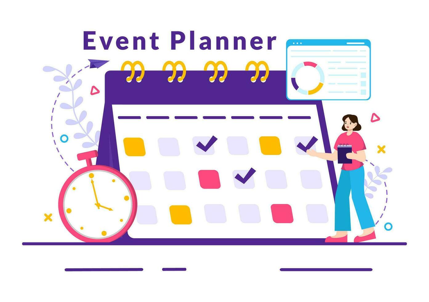 evenement ontwerper vector illustratie met planning schema, tijd beheer, bedrijf agenda en kalender concept in vlak tekenfilm achtergrond