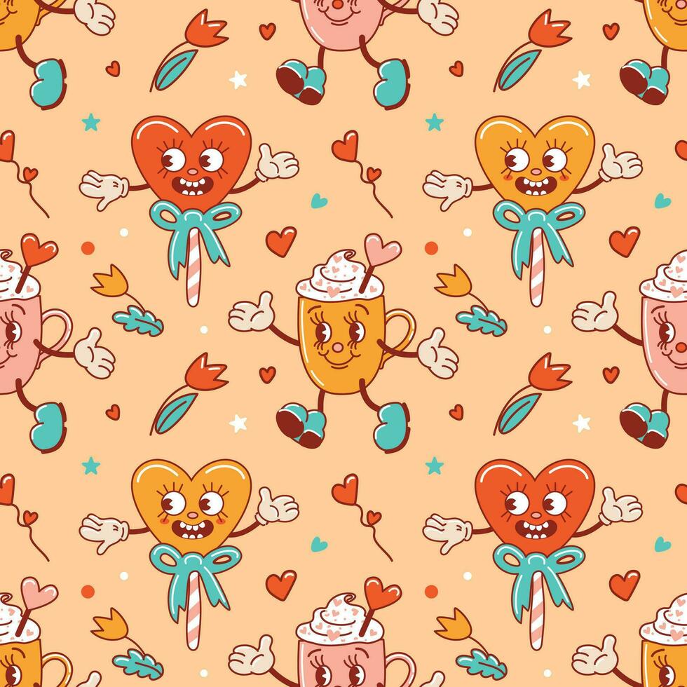 naadloos patroon voor valentijnsdag dag. tekens in oud retro tekenfilm stijl. dansen funky-groovy schattig lolly in de het formulier van harten met bloemen, een kopjes. voor behang, kleding stof, inpakken, achtergrond. vector