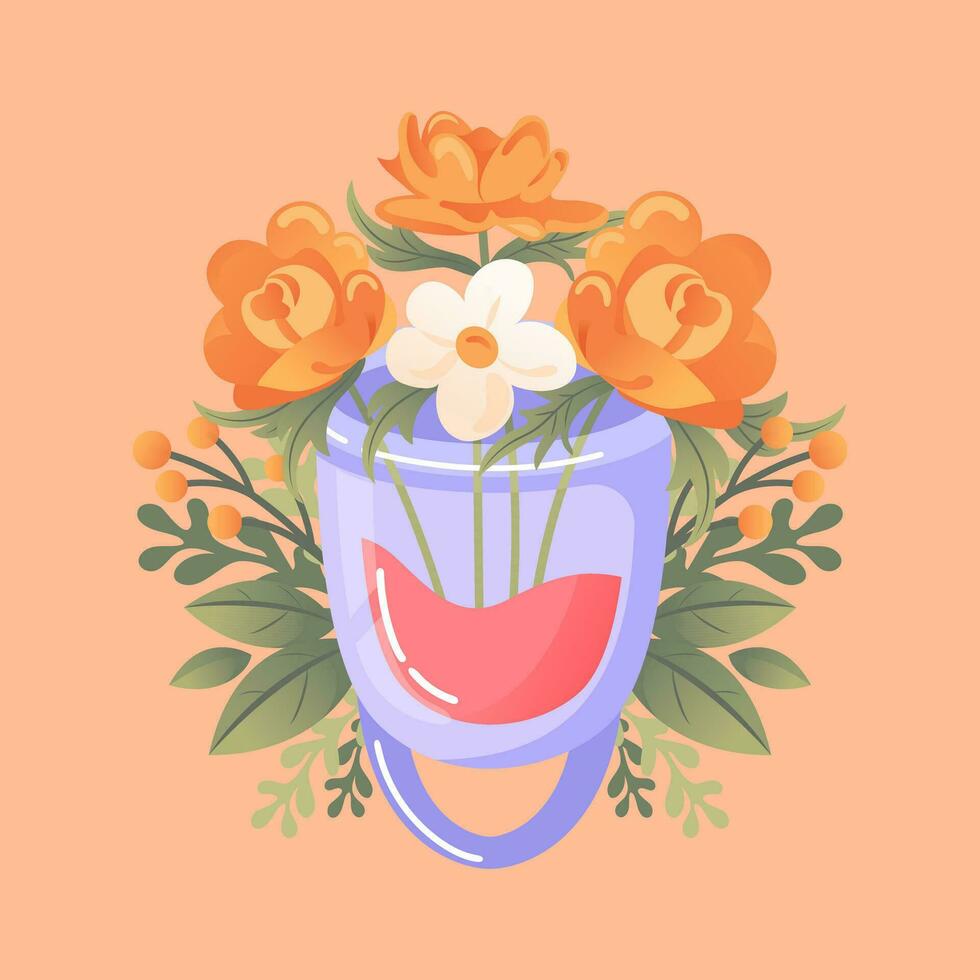 menstruatie- beker, bloemen. hygiëne Product. Dames Gezondheid. redelijk consumptie. verminderen afval. ecologisch, herbruikbaar. vrouw voortplantings- systeem, fiets. vector illustratie in tekenfilm stijl. perzik dons