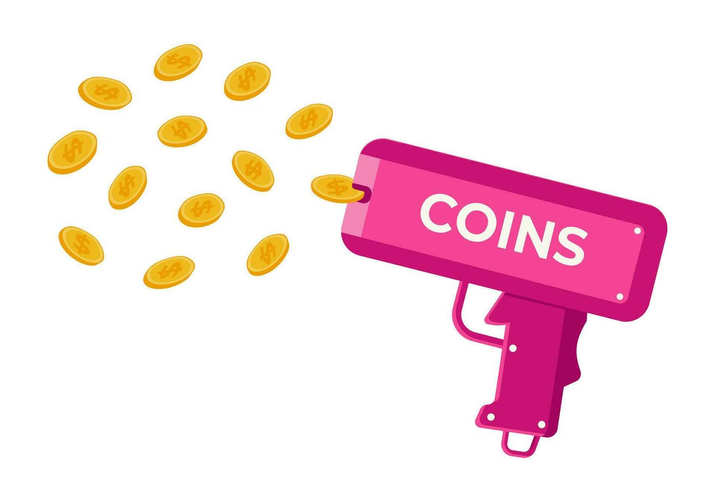roze super geweer met goud munten. geld geweer contant geld kanon voor partijen en plezier. tekenfilm vector illustratie.