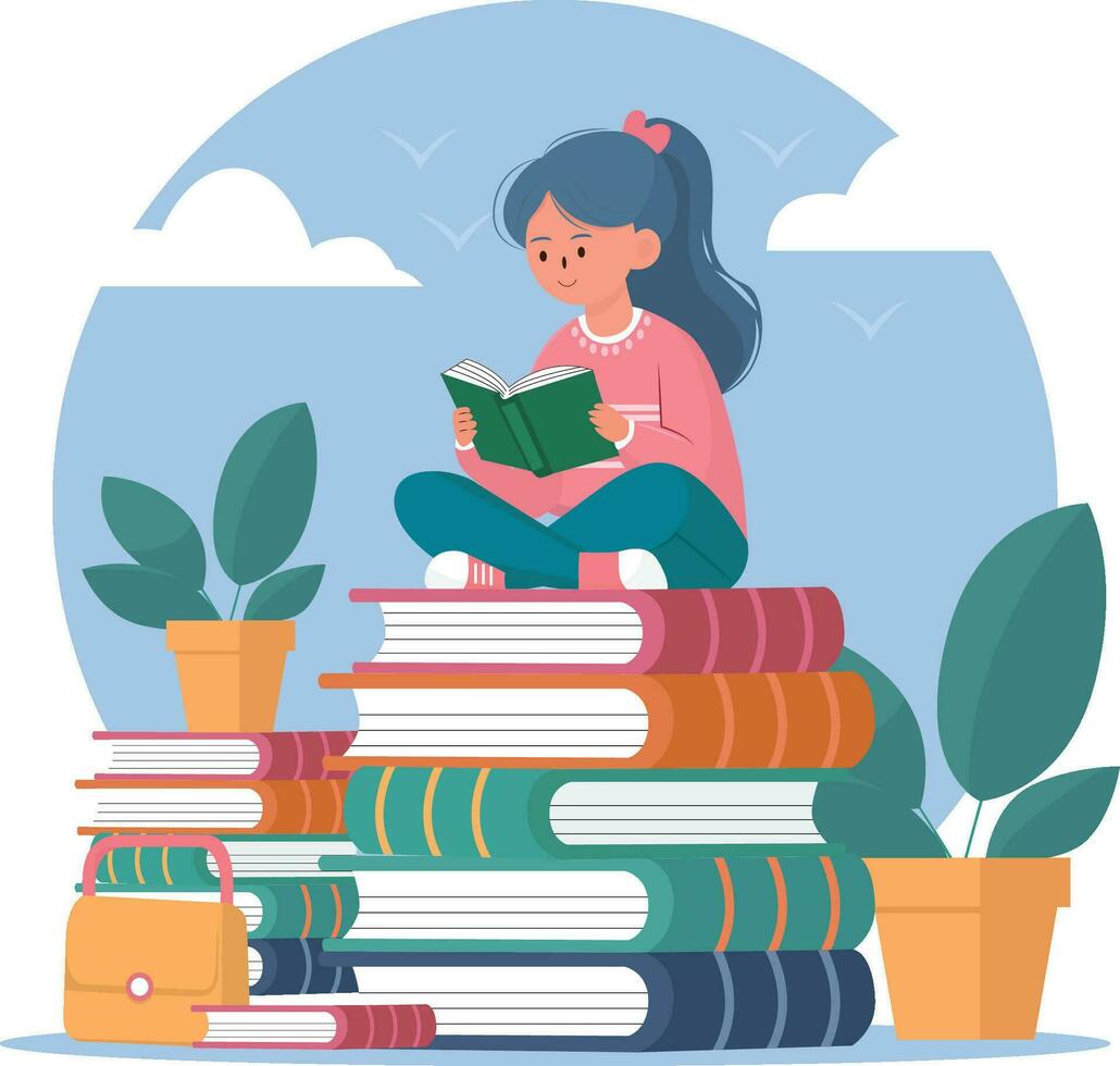 een meisje lezing een boek terwijl zittend Aan de stack van boeken vector