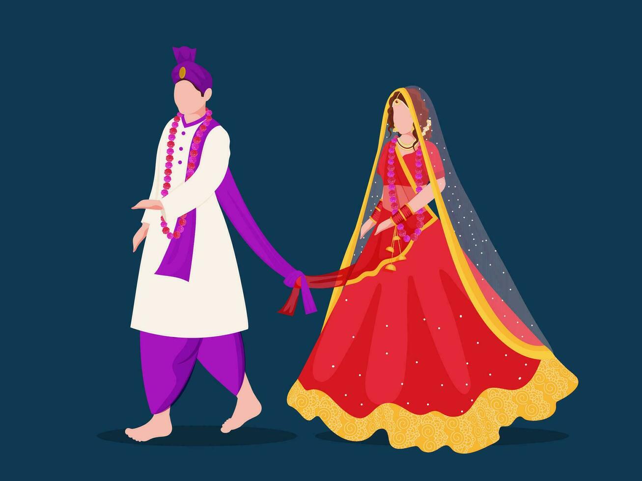 Indisch pasgetrouwde paar banden de knoop volgens naar Hindoe huwelijk tegen blauw achtergrond. vector