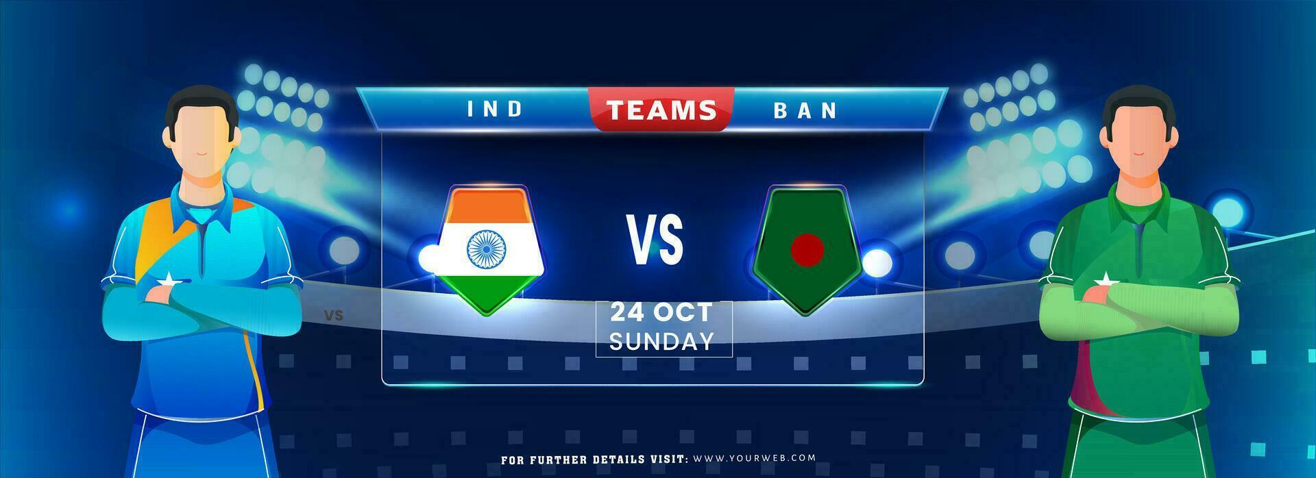 krekel bij elkaar passen tussen Indië vs Bangladesh team met gezichtsloos krekel spelers Aan blauw stadion verlichting achtergrond. vector