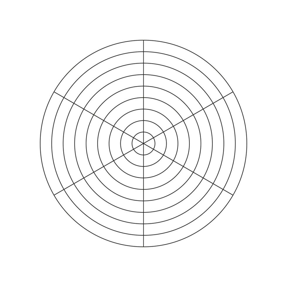 wiel van leven sjabloon. polair rooster van 6 segmenten en 8 concentrisch cirkels. gemakkelijk coaching gereedschap voor visualiseren allemaal gebieden van leven. blanco polair diagram papier. cirkel diagram van leven stijl evenwicht. vector