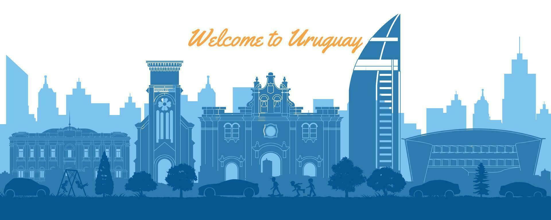 Uruguay beroemd oriëntatiepunten in situatie van downtown door silhouet stijl vector