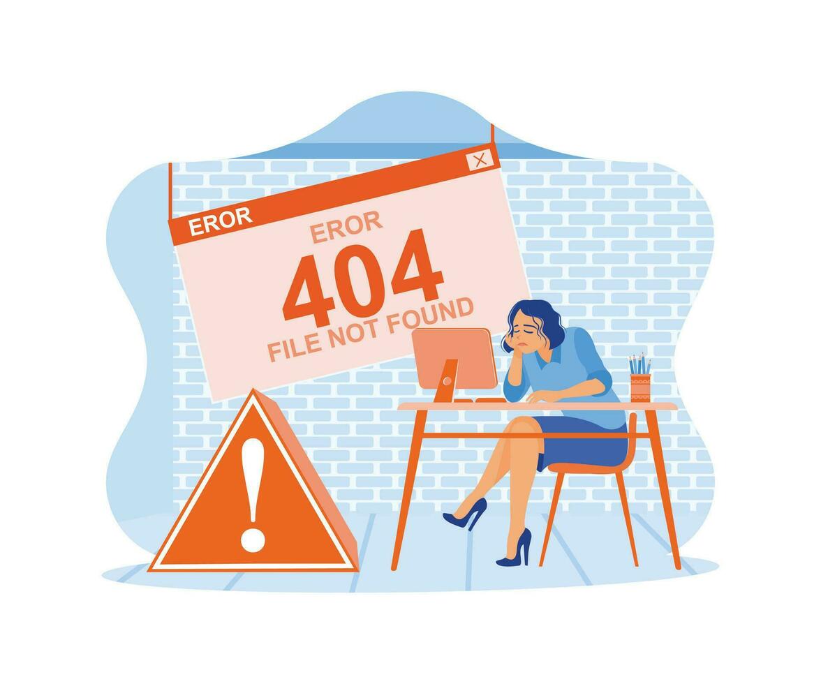 gefrustreerd zakenvrouw. de computer scherm had een 404 fout wanneer bezig met laden de plaats. 404 fout bladzijde concept. neiging modern vlak vector illustratie