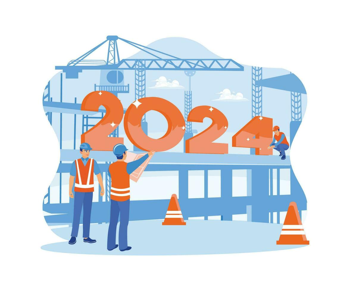 een groep bereidt zich voor een evenement naar Welkom nieuw jaar vooravond 2024. ik ben installeren getallen Aan een hoog gebouw met een kraan. gelukkig nieuw jaar 2024 concept. neiging modern vector vlak illustratie