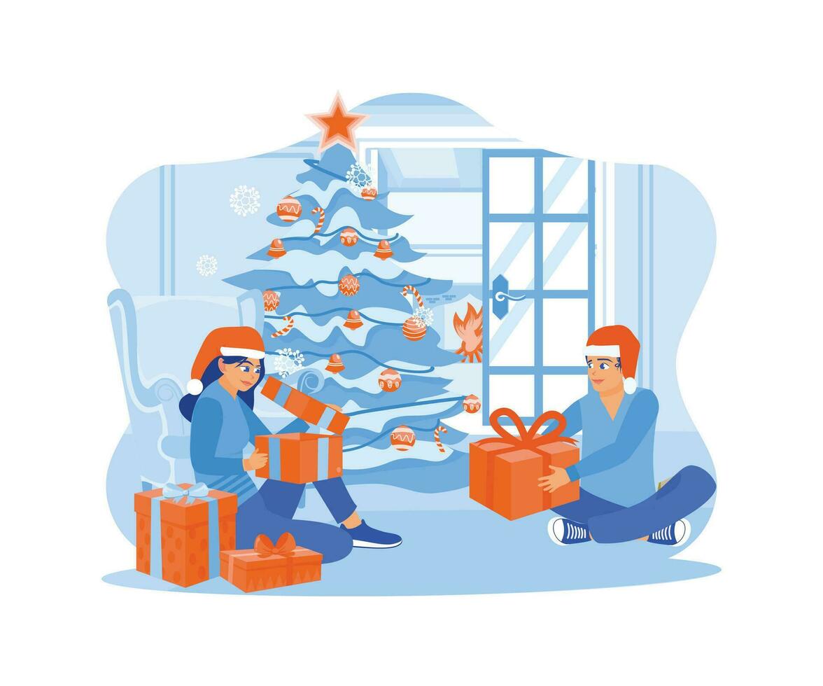 een gelukkig jong paar is opening Kerstmis cadeaus samen onder de Kerstmis boom. familie sharing Kerstmis vooravond concept. neiging modern vlak vector illustratie