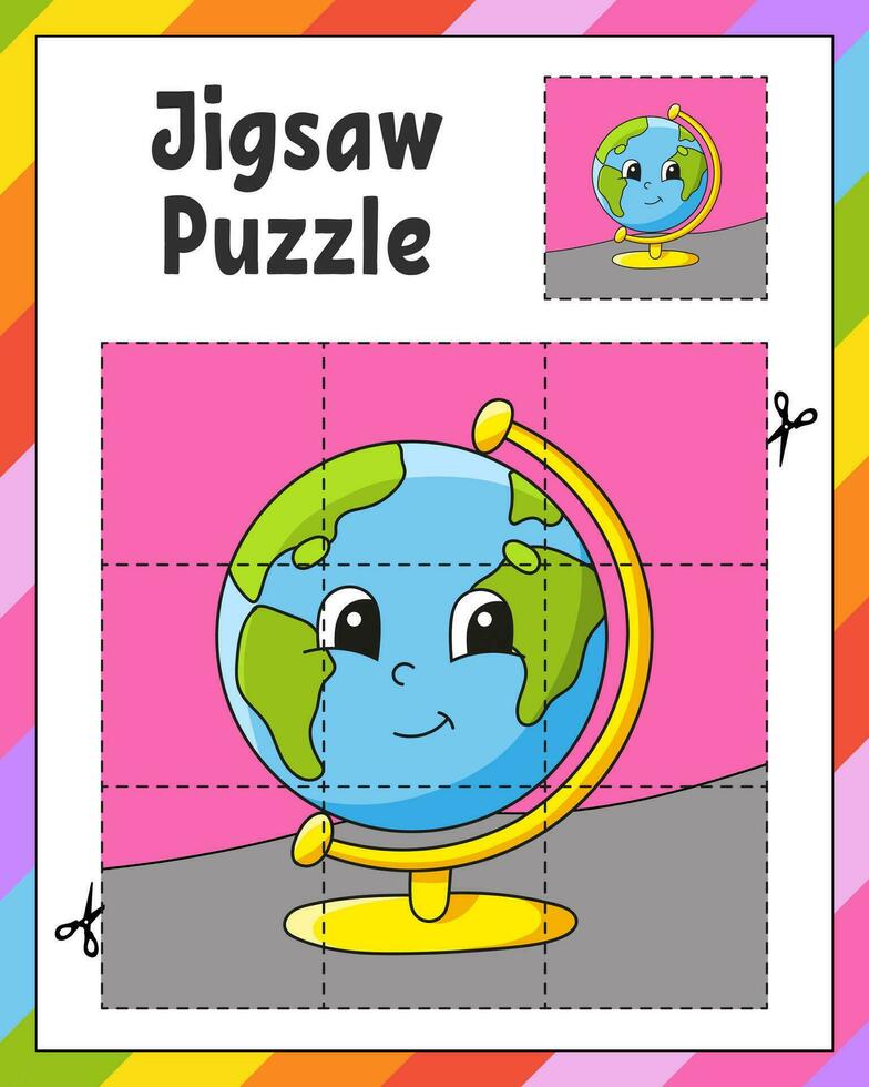 decoupeerzaag puzzel. besnoeiing en Speel. plein puzzel. logica spel voor kinderen. werkzaamheid bladzijde. snijdend praktijk voor peuter. tekenfilm karakter. vector illustratie.