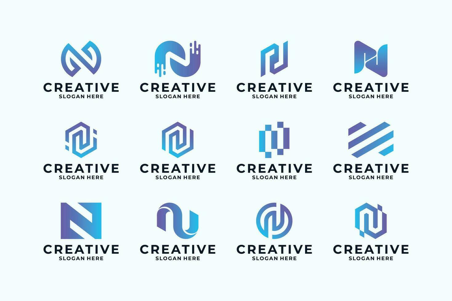 reeks van brief n logo ontwerp combineren met creatief vorm geven aan. vector