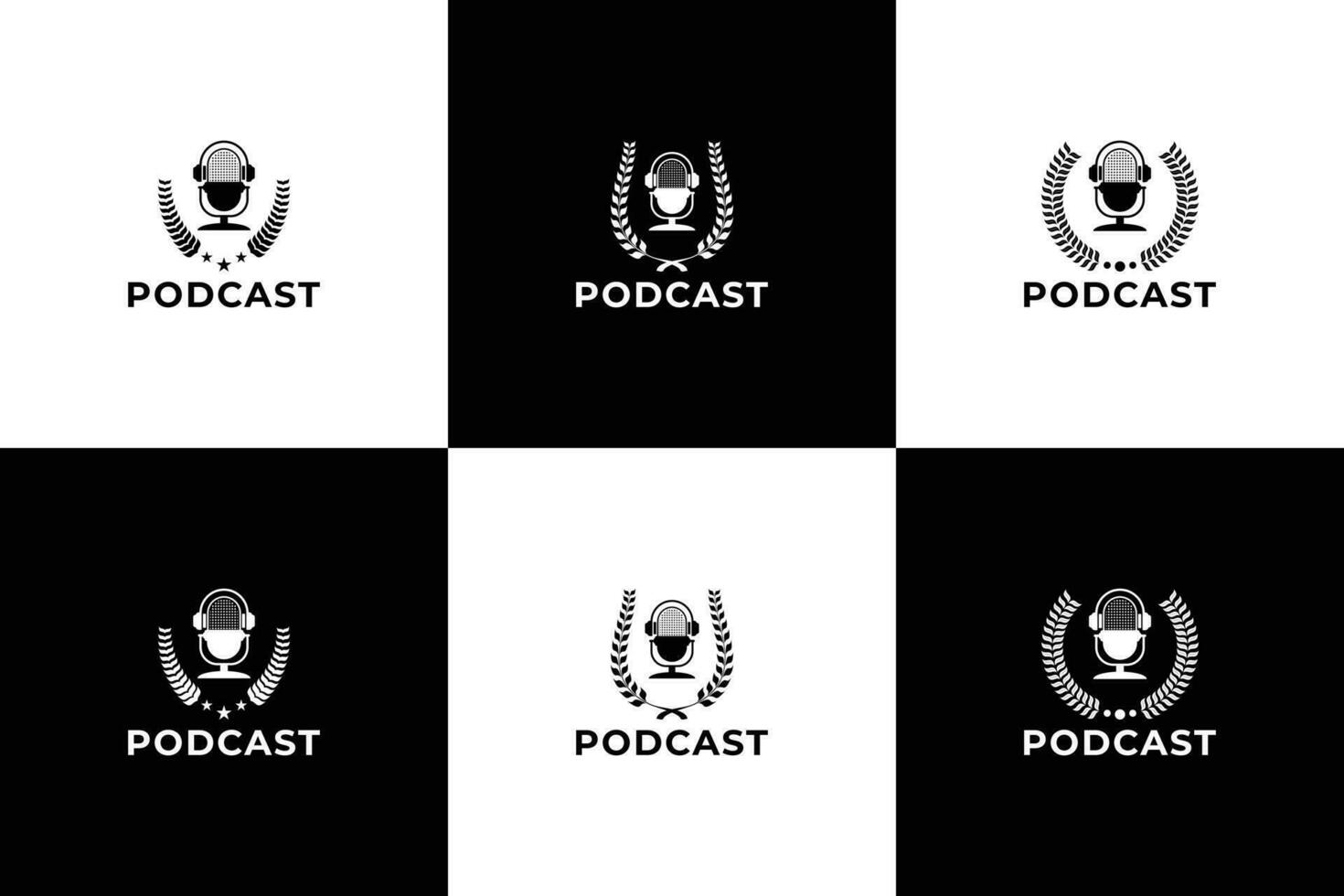 reeks van podcast logo. microfoon met krans combineren. podcast insigne sjabloon. vector