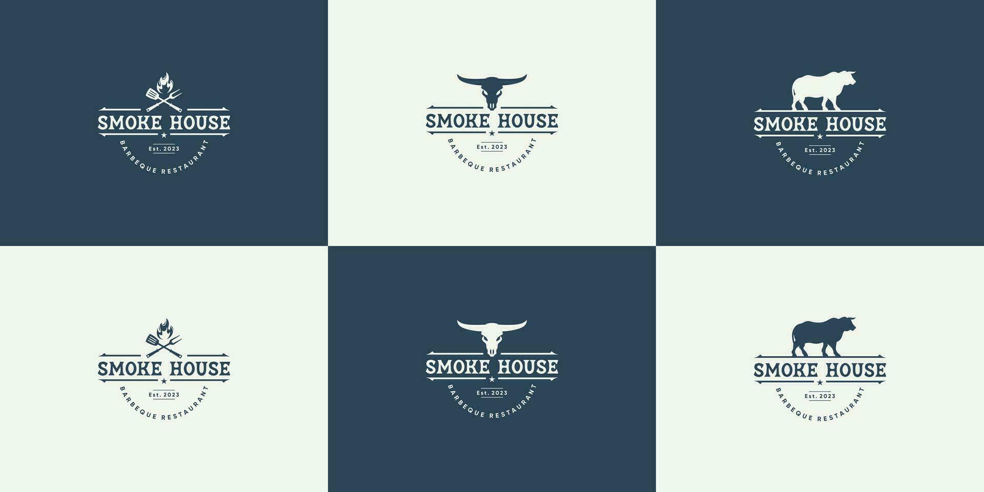 reeks van wijnoogst etiket steak huis, rundvlees steak, barbecue logo ontwerp vector. vector