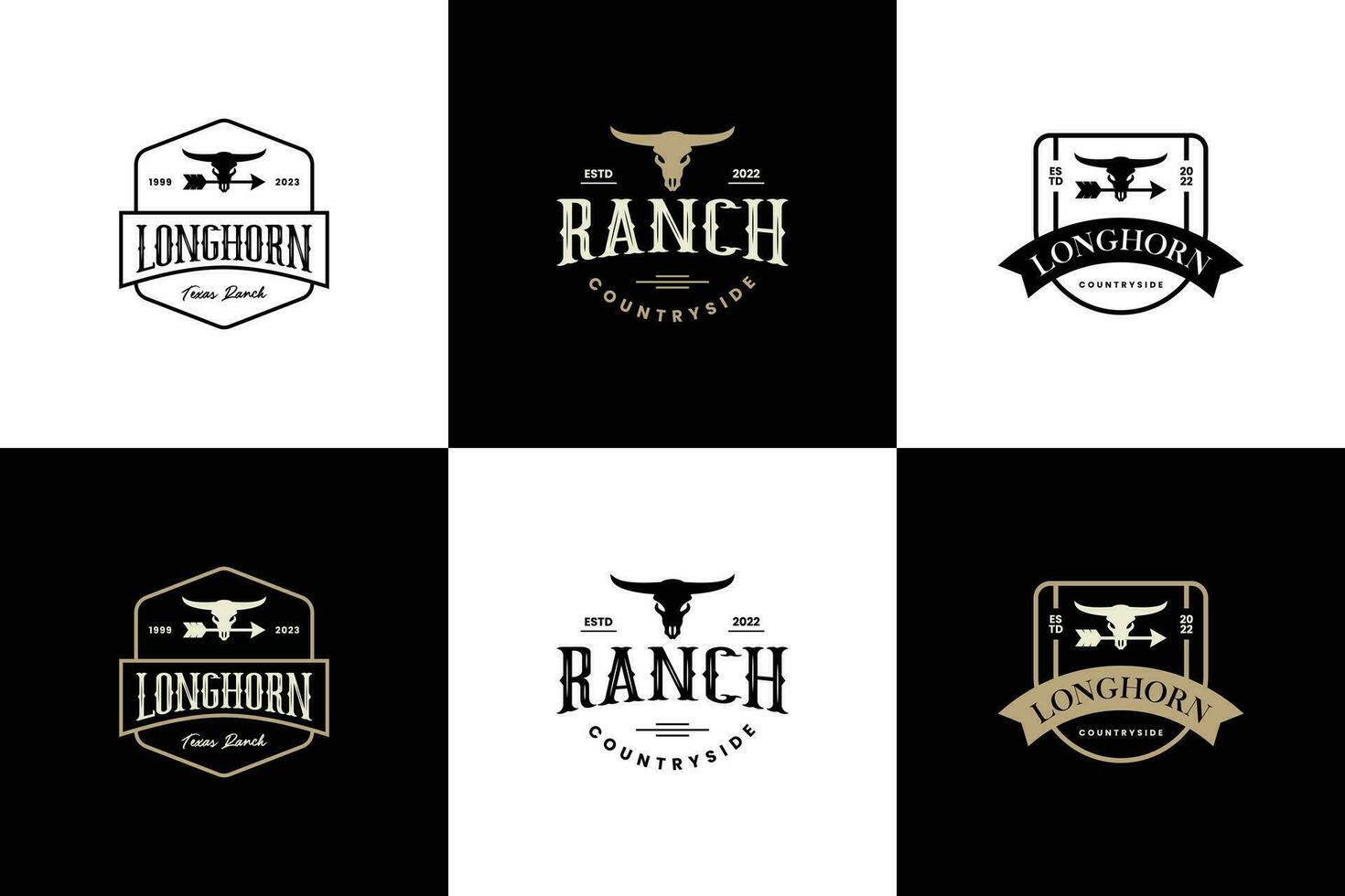 reeks van Longhorn wijnoogst embleem logo ontwerp. stier vee wijnoogst etiket logo ontwerp. vector