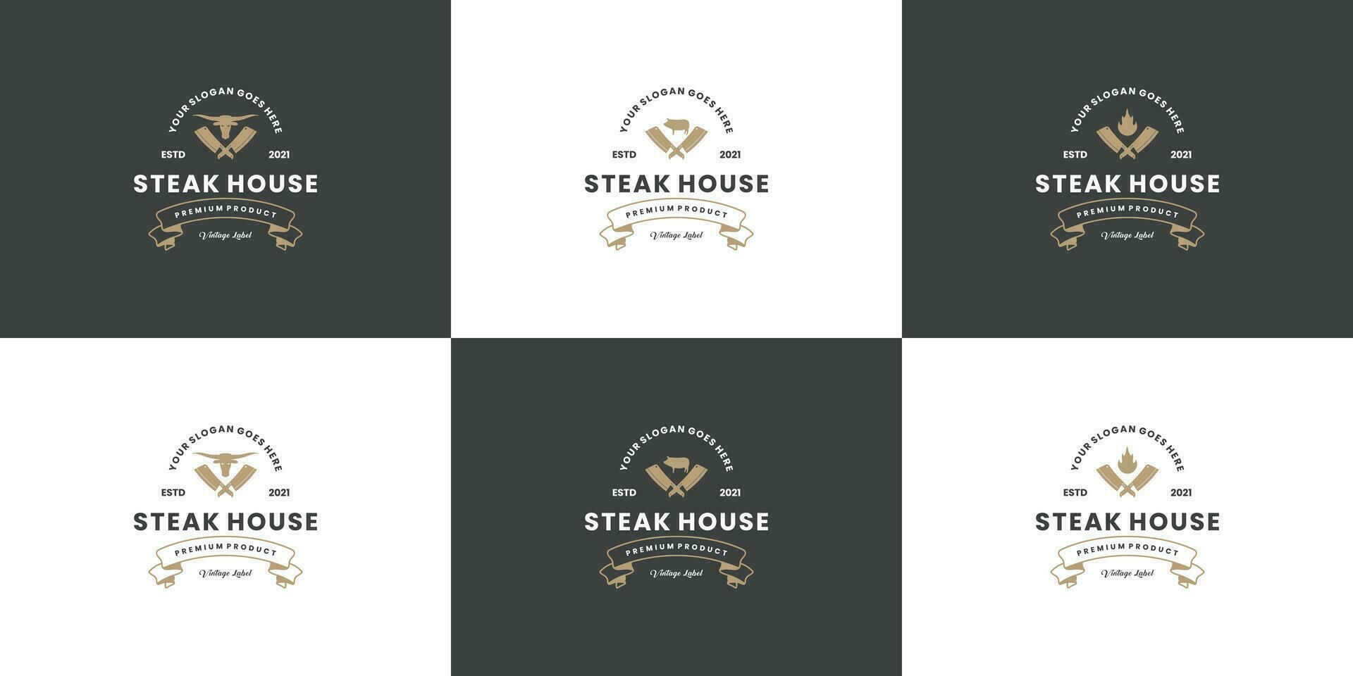 reeks van steak huis etiketten logo ontwerp wijnoogst kenteken. vector