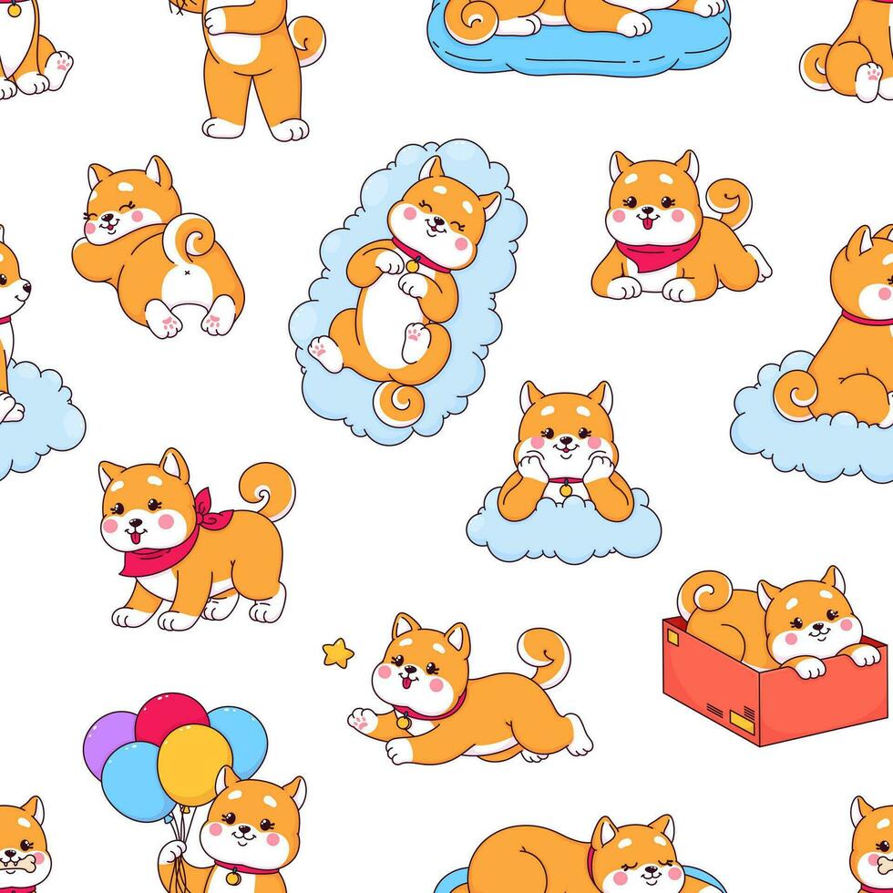 tekenfilm kawaii shiba inu hond naadloos patroon vector