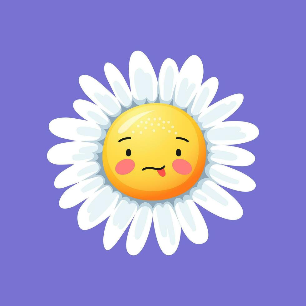 tekenfilm grappig kamille, madeliefje bloem glimlach emoji vector