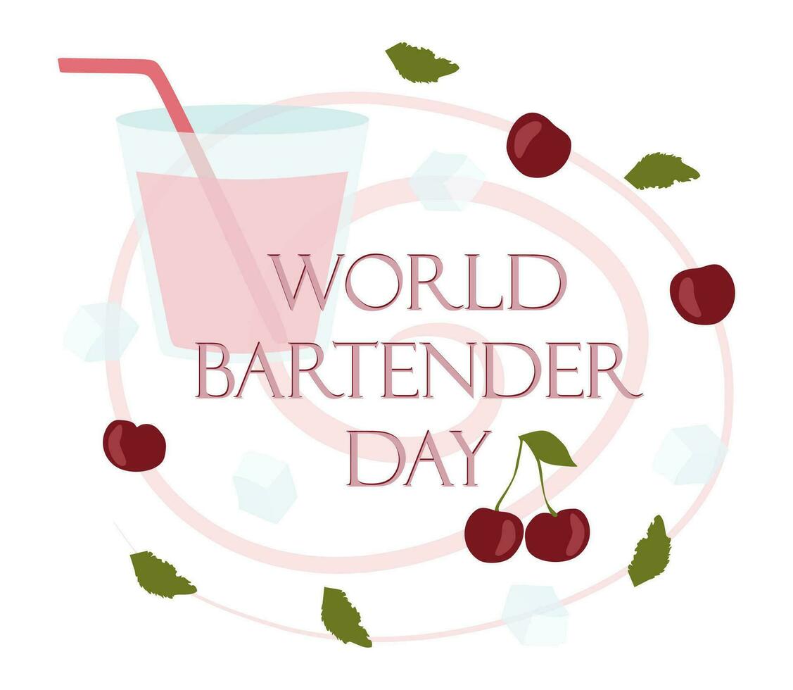 Internationale barmannen dag banier met glas en cocktail ingrediënten. 6 februari. vector vlak sjabloon voor banier, kaart, poster. illustratie met geïsoleerd kersen, ijs kubussen en bladeren van munt.