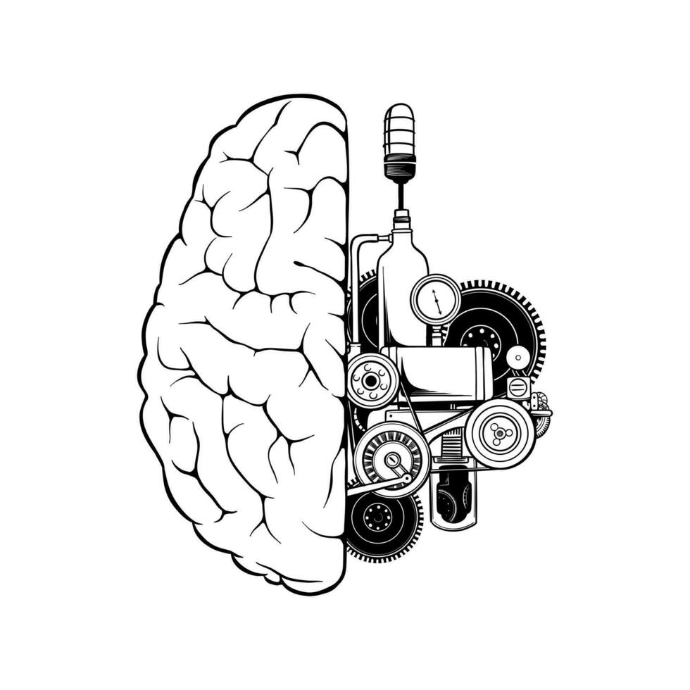 zwart en wit illustratie van een hersenen gecombineerd met een machine vector