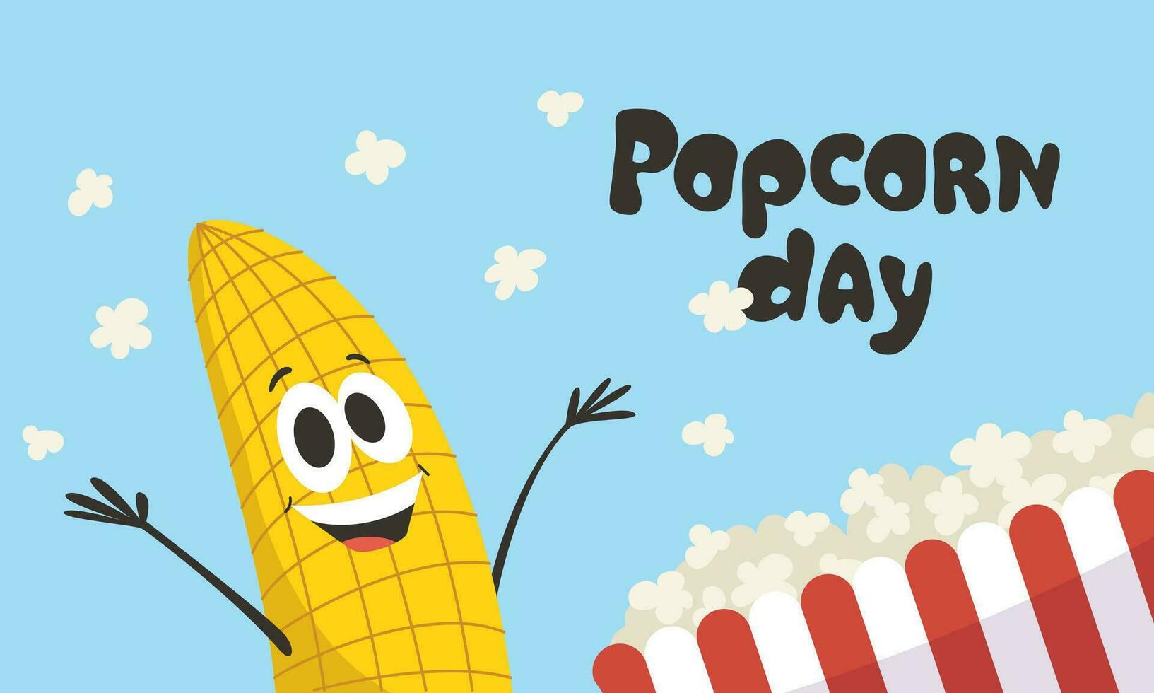 nationaal popcorn dag spandoek. vrolijk grappig maïs maïskolf verstrooit popcorn. vector tekenfilm illustratie