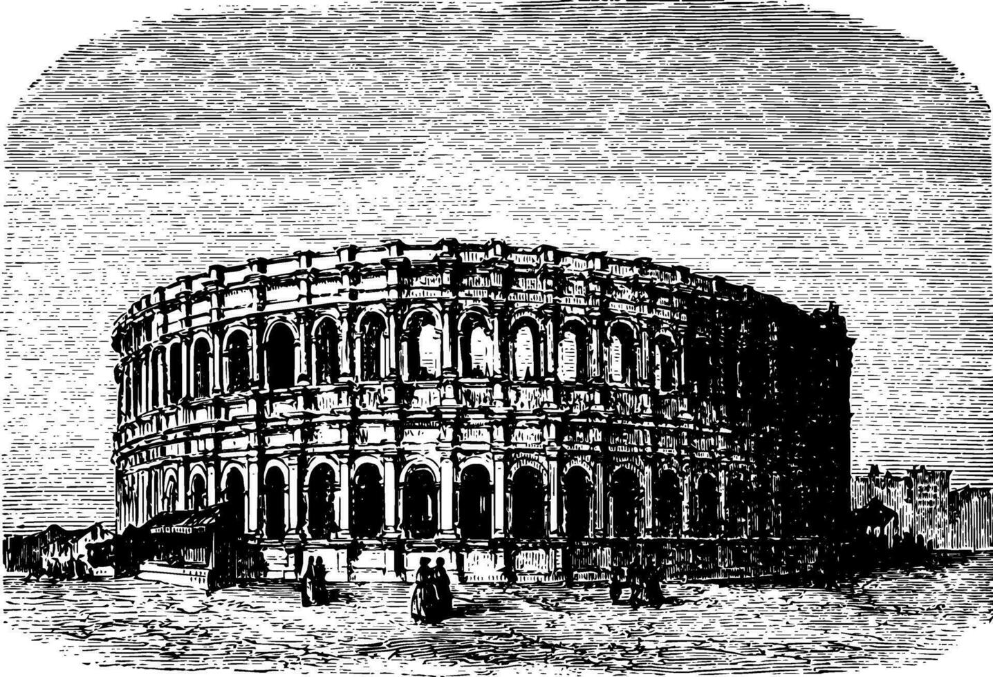 de arena van nimes een Romeins amfitheater wijnoogst gravure. vector