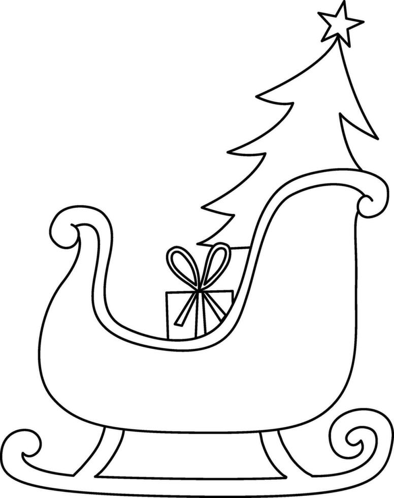 de slee is getrokken door de kerstman claus. een tekenfilm tekening beeltenis een ijs slee trekken de kerstman claus' geschenken. de hand getekend tekenfilm illustreert de kerstman claus' reis met een slee, gebonden naar rendier vector