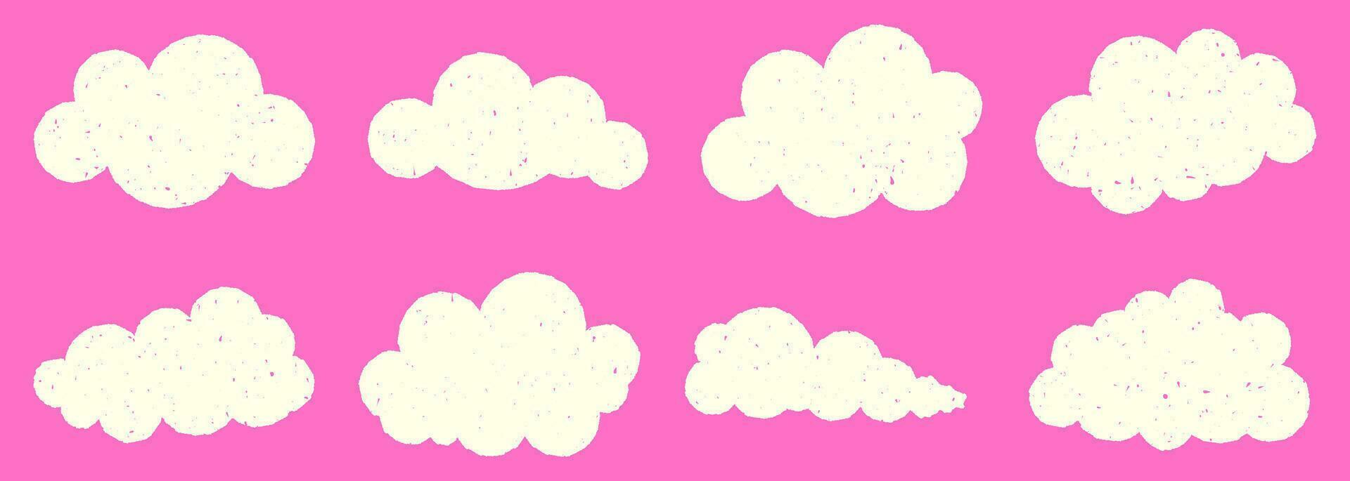 reeks van gemakkelijk kattebelletje wit wolken naief kunst. verzameling van hand getekend kawaii elementen Aan roze achtergrond voor chatten, Aankondiging, opmerkingen. vector