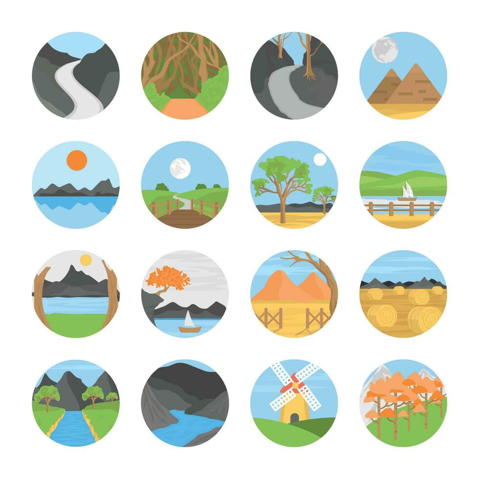 natuurlijk landschap vlak vector pictogrammen