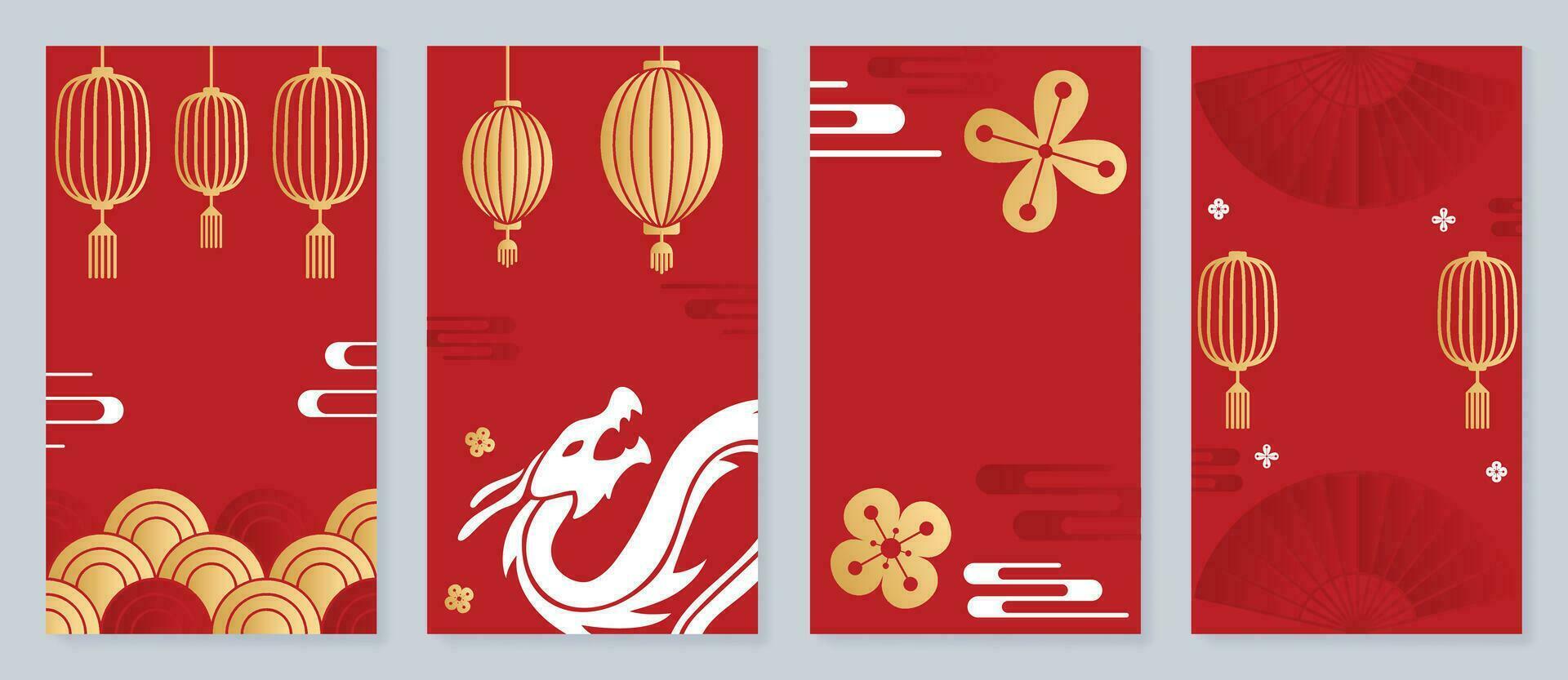 Chinese nieuw jaar 2024 kaart achtergrond vector. jaar van de draak ontwerp met gouden draak, lantaarn, munt, bloem, fan, patroon. elegant oosters illustratie voor omslag, banier, website, kalender. vector