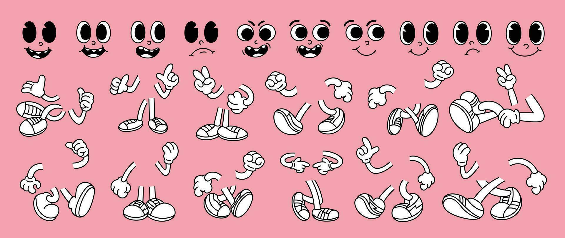 reeks van jaren 70 groovy grappig gezichten vector. verzameling van tekenfilm karakter gezichten, been, hand- in verschillend emoties Vrolijk, boos, verdrietig, vrolijk. schattig retro groovy hippie illustratie voor decoratief, sticker. vector