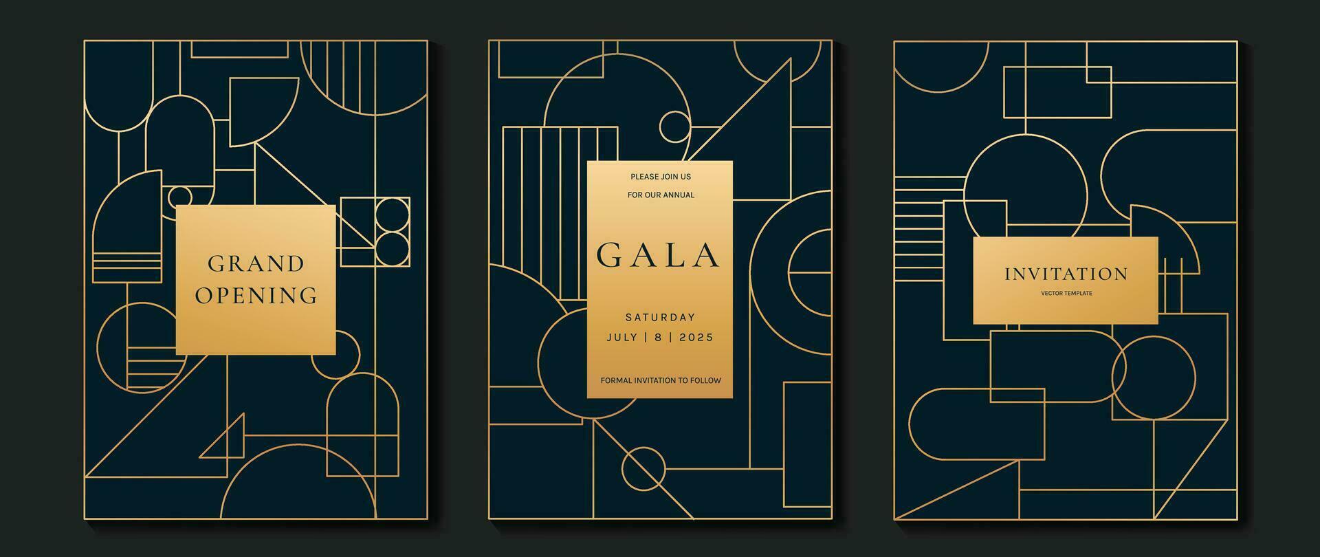 luxe uitnodiging kaart achtergrond vector. gouden elegant meetkundig vorm geven aan, goud lijnen Aan blauw achtergrond. premie ontwerp illustratie voor bruiloft en vip Hoes sjabloon, banier, poster, gala, bruiloft. vector