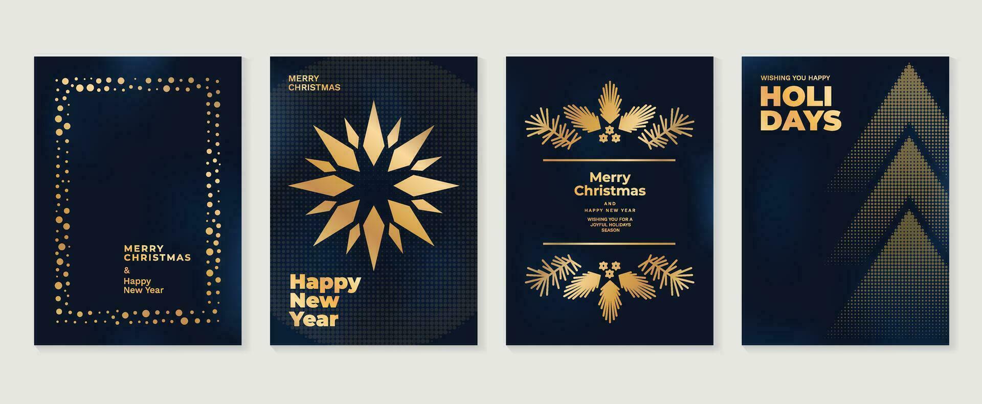 luxe Kerstmis uitnodiging kaart kunst deco ontwerp vector. Kerstmis boom, sneeuwvlok, gebladerte, halftone structuur Aan donker blauw achtergrond. ontwerp illustratie voor omslag, poster, behang. vector