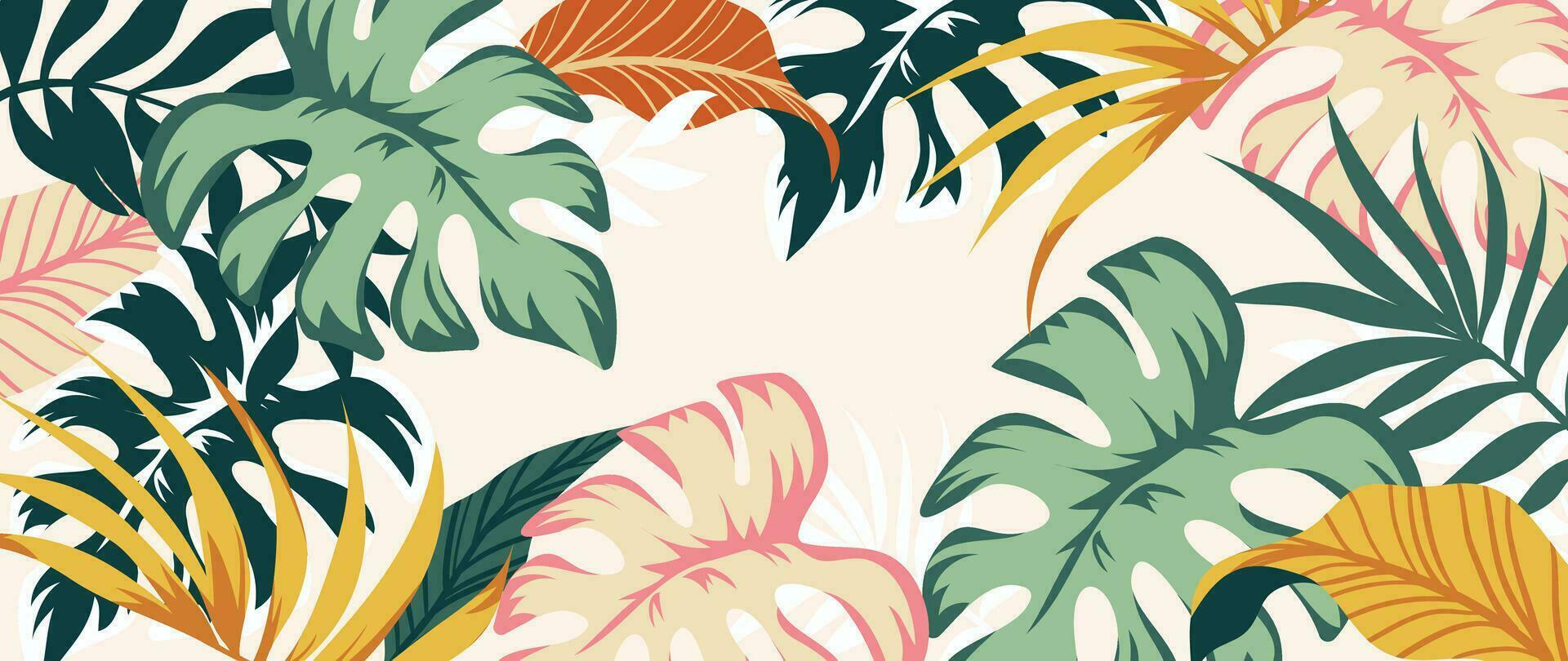 tropisch bladeren achtergrond vector. botanisch gebladerte banier ontwerp hand- getrokken kleurrijk palm blad, monstera bladeren lijn kunst. ontwerp voor behang, omslag, kaarten, verpakking, folder, kleding stof. vector