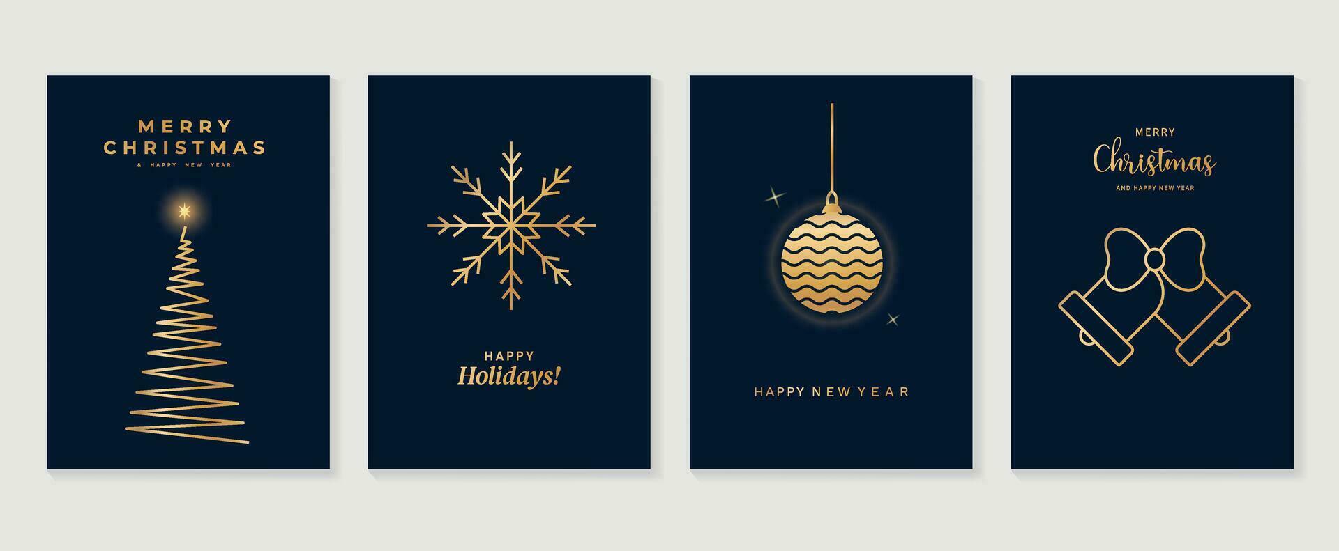 luxe Kerstmis uitnodiging kaart kunst deco ontwerp vector. Kerstmis boom, snuisterij bal, sneeuwvlok, klok, lint lijn kunst Aan donker blauw achtergrond. ontwerp illustratie voor omslag, poster, behang. vector