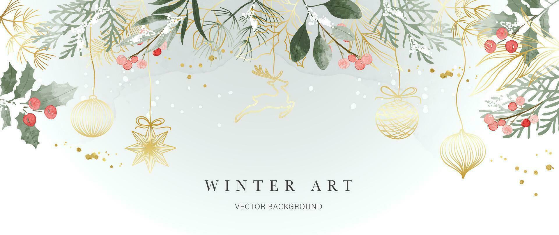 winter achtergrond vector. hand- geschilderd waterverf en goud borstel textuur, hulst BES, snuisterij bal, rendier hand- tekening. abstract kunst ontwerp voor behang, muur kunst, omslag, bruiloft. nodig uit kaart. vector