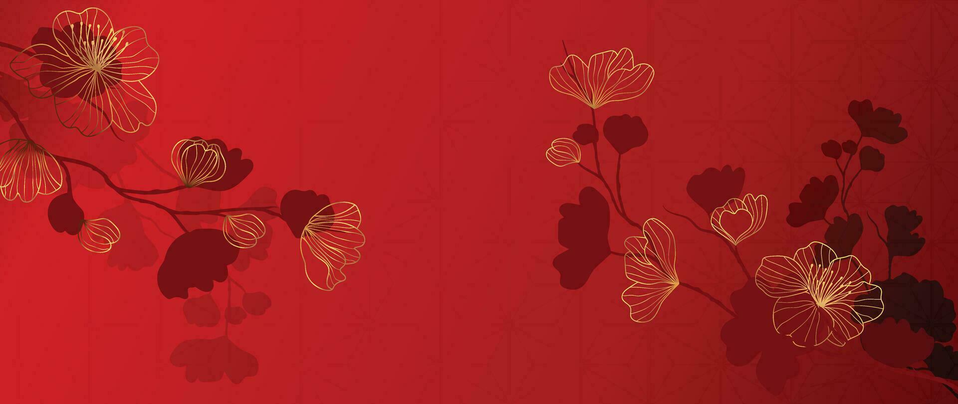 elegant Chinese oosters patroon achtergrond vector. elegant kers bloesem bloem gouden lijn kunst Aan rood achtergrond. ontwerp illustratie voor gelukkig nieuw jaar, behang, banier, kaart. vector