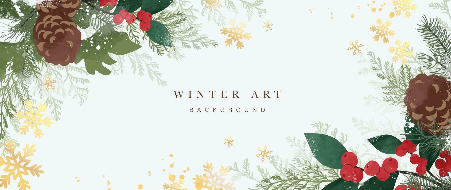 winter achtergrond vector. hand- geschilderd waterverf en goud borstel textuur, pijnboom ijshoorntje, botanisch bladeren, sneeuwvlok hand- tekening. abstract kunst ontwerp voor behang, muur kunst, omslag, bruiloft. nodig uit kaart. vector