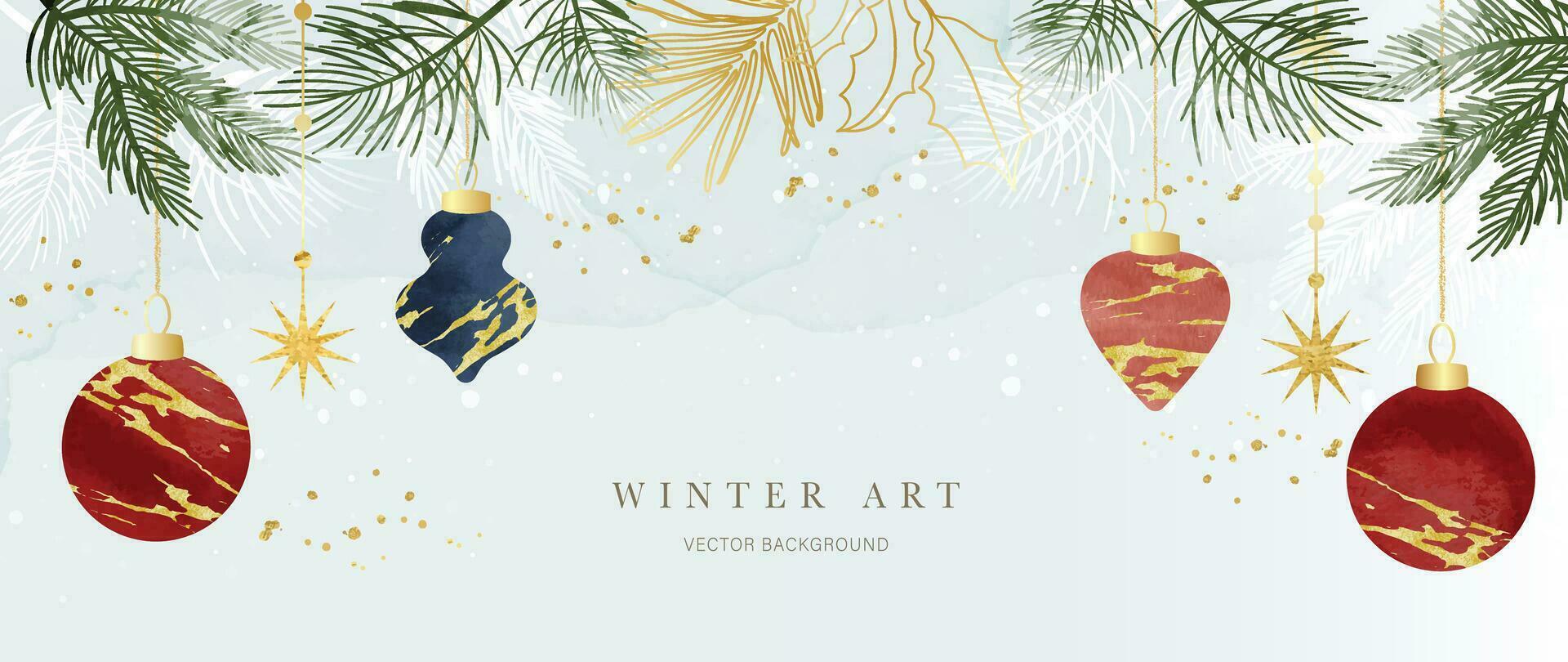 waterverf winter botanisch bladeren achtergrond vector illustratie. hand- getrokken winter blad takken, pijnboom bladeren, snuisterij bal, goud textuur. ontwerp voor afdrukken, banier, poster, behang, decoratie.